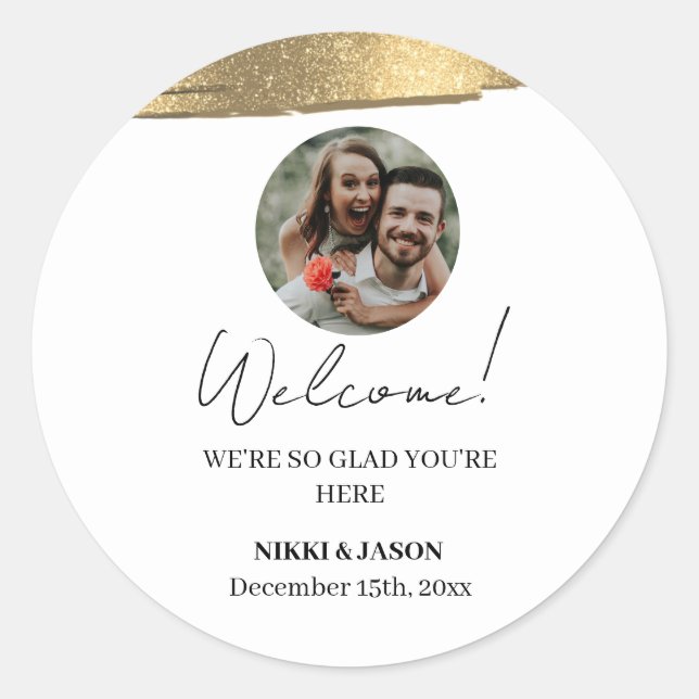 Elegante Gold Glitzer Line Custom Welcome Add Foto Runder Aufkleber (Vorderseite)