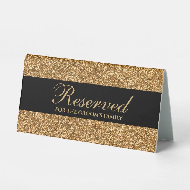 Elegante Gold Glitzer Script Wedding reserviert Tischaufsteller (Vorderseite)