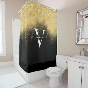 Elegante Gold Glitzer Sparkle Monogram Black Custo Duschvorhang