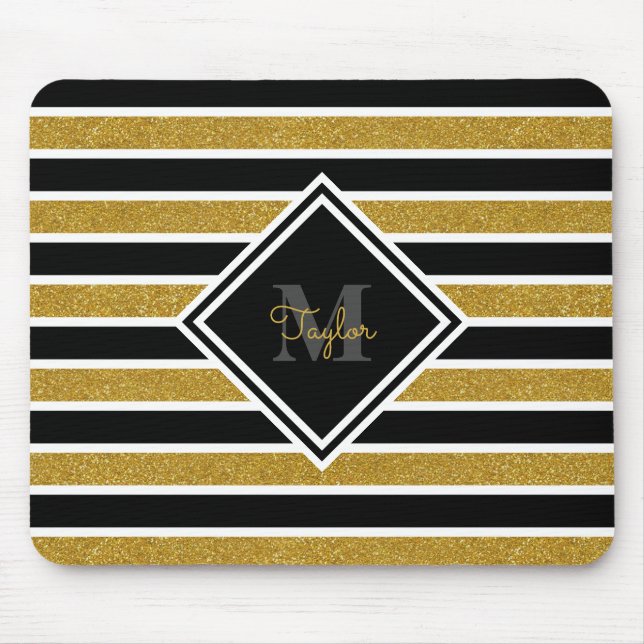 Elegante Gold Glitzer Streifen mit Name Monogram Mousepad (Vorne)