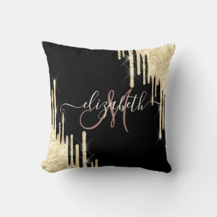 Elegante Gold Glitzer Tropfen Black Monogram Kissen