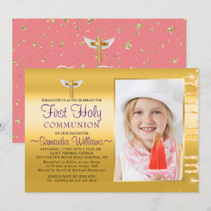 Elegante Gold Glitzer Tropfen Foto Erste Kommune Einladung