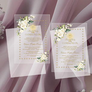 Elegante Gold Glitzern White Floral Heilige Kommun Acryleinladungen