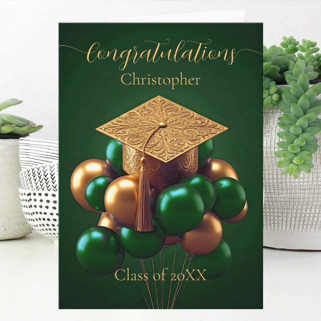 Elegante Gold Graduation Cap mit festlichem Ballon Karte (Von Creator hochgeladen)