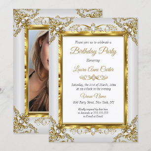 Elegante Gold Gray Pearl Foto Geburtstagsparty Einladung
