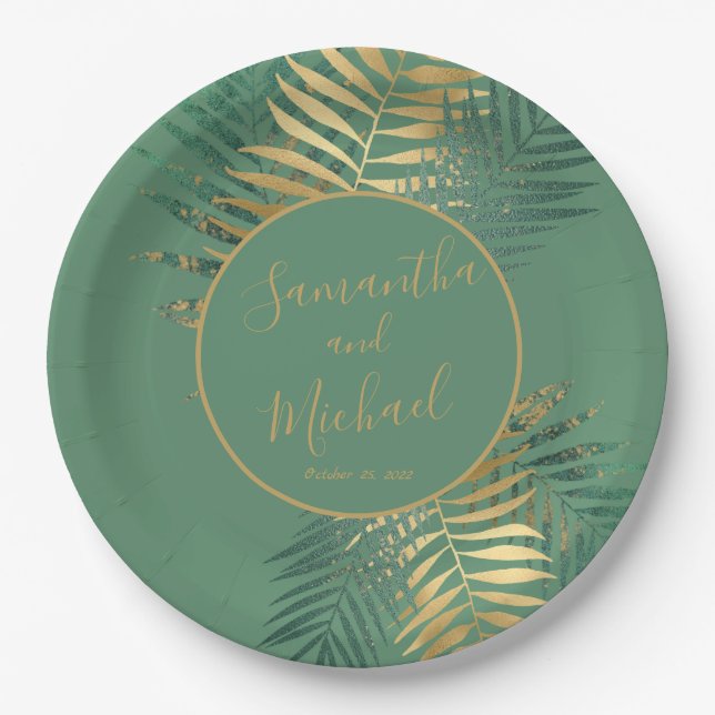 Elegante Gold Green Tropical Pflanze Blätter Hochz Pappteller (Vorderseite)