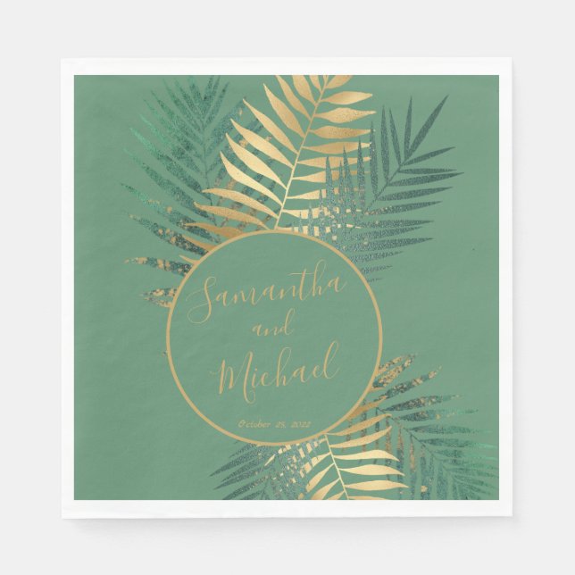 Elegante Gold Green Tropical Pflanze Blätter Hochz Serviette (Vorderseite)