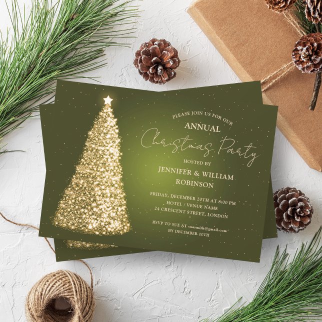 Elegante Gold Green Xmas Tree Sparkle Einladung (Elegant Gold Green Xmas Tree Sparkle Holiday Party Invitation)
