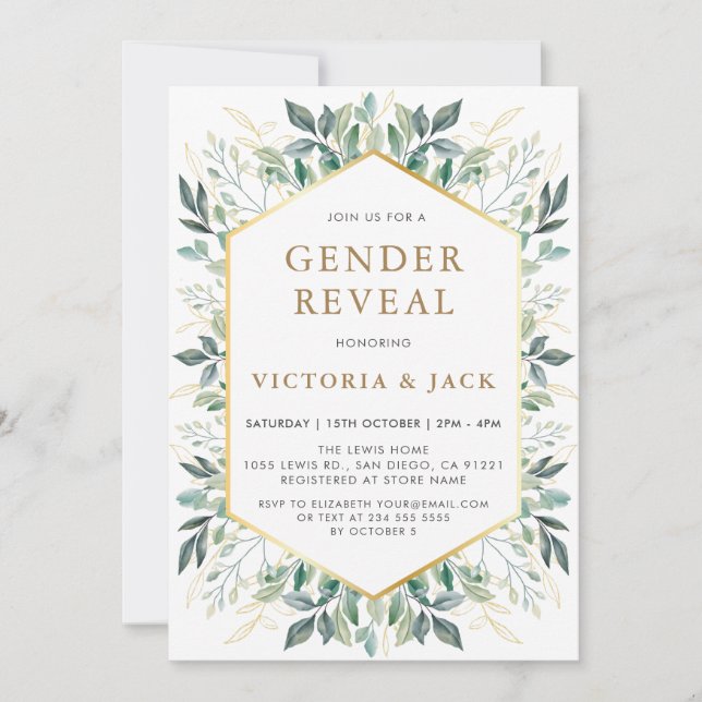 Elegante Gold Greenerity Frame Gender Reveal Einladung (Vorderseite)