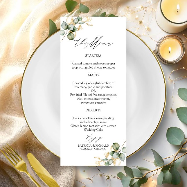 Elegante Gold Greenerity Wedding Menu Cards Menükarte (Von Creator hochgeladen)
