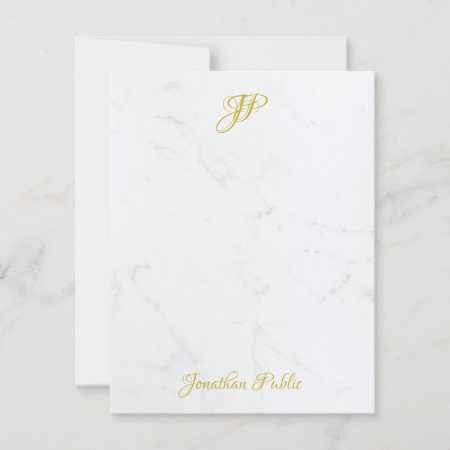 Elegante Gold Hand Script Monogram White Marmor Mitteilungskarte (Vorderseite)