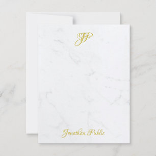 Elegante Gold Hand Script Monogram White Marmor Mitteilungskarte