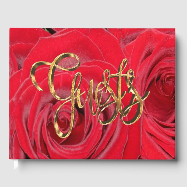 Elegante Gold Handwriting Typografie-Rote Rosen Gästebuch (Vorderseite)