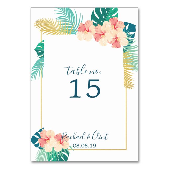 Elegante Gold Hawaiian Hibiskus Wedding Table Card Tischnummer (Vorderseite)