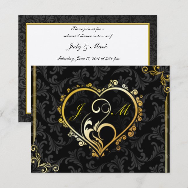 Elegante Gold Heart Monogram Probe Dinner Invit Einladung (Vorne/Hinten)