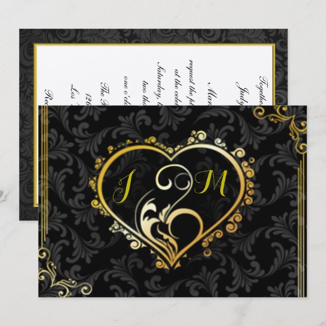 Elegante Gold Heart Monogram Wedding Einladung (Vorne/Hinten)
