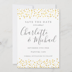 Elegante Gold-Herzen-Konfetti-Signatur-Schrift Save The Date