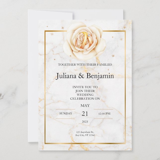 Elegante Gold Hochzeit mit floraler Akzenz Einladung (Vorderseite)