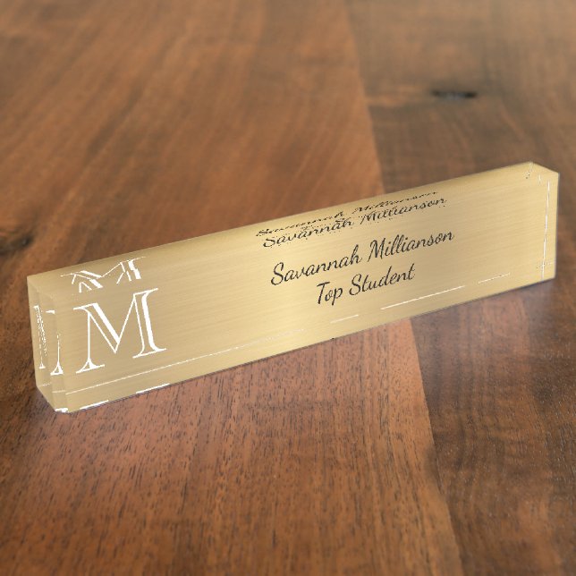 Elegante Gold Imitate Metal Monogram Student Namensplakette (Seite)