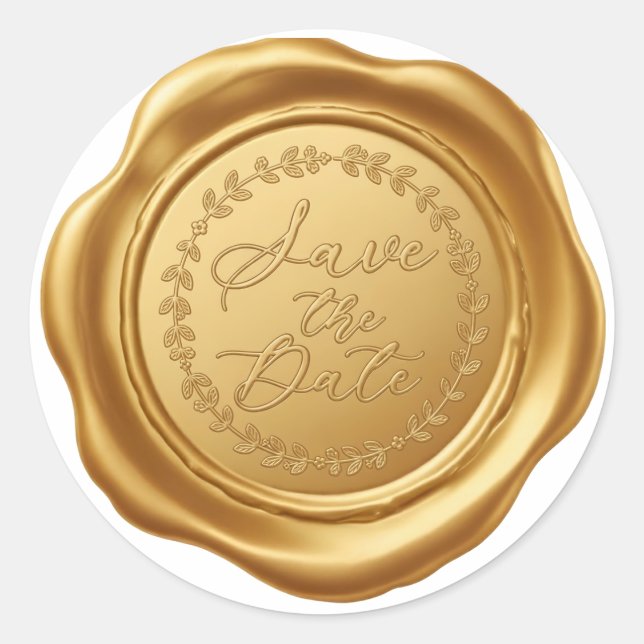 Elegante Gold Imitats Wachs Siegel "Save the Date" Runder Aufkleber (Vorderseite)