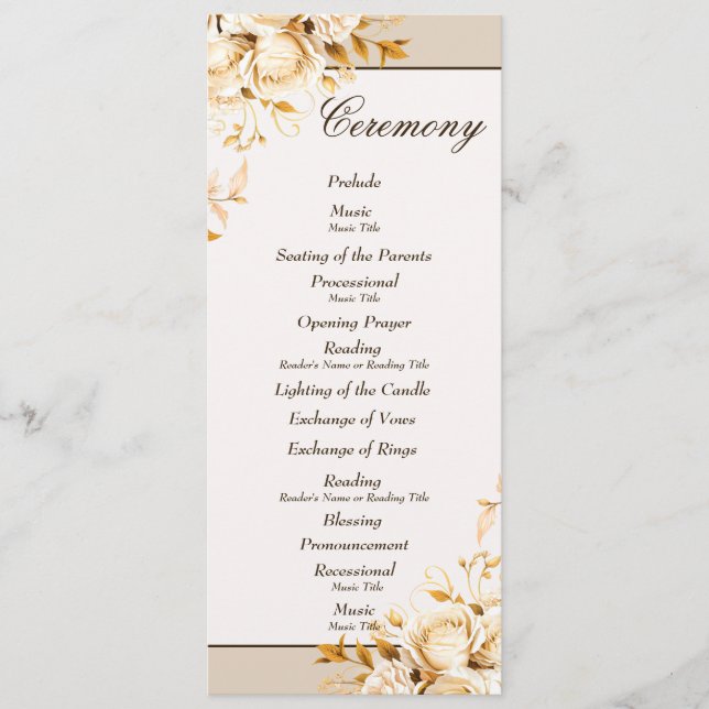 Elegante Gold & Ivory Blumenzeremonie Hochzeit Par Programm (Vorderseite)