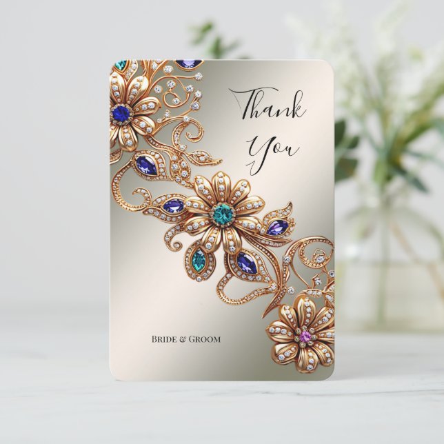 Elegante Gold Jewel Blume Danke Karte (Stehend Vorderseite)