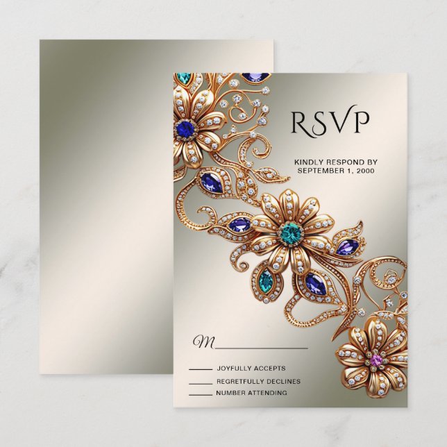 Elegante Gold Jewel Blume RSVP Card (Vorne/Hinten)