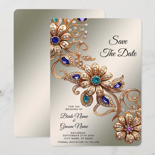 Elegante Gold Jewel Blume Save the Date (Vorne/Hinten)