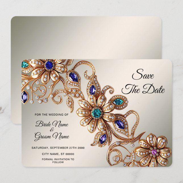 Elegante Gold Jewel Blume Save the Date (Vorne/Hinten)
