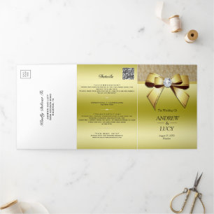 Elegante Gold-Juwel-Bogen-QR-Code-Hochzeit Dreifach Gefaltete Einladung