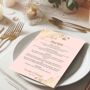 Elegante Gold Lace Frills auf Blush Pink Wedding Menükarte
