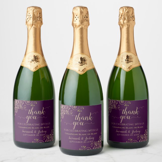 Elegante Gold Lace on Plum Lila Wedding Vielen Dan (Flaschen)