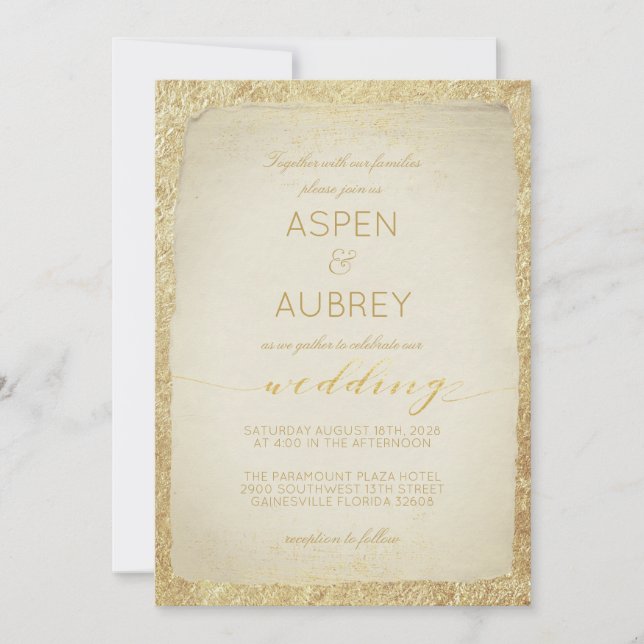 Elegante Gold Leaf Antique Script Wedding Einladung (Vorderseite)