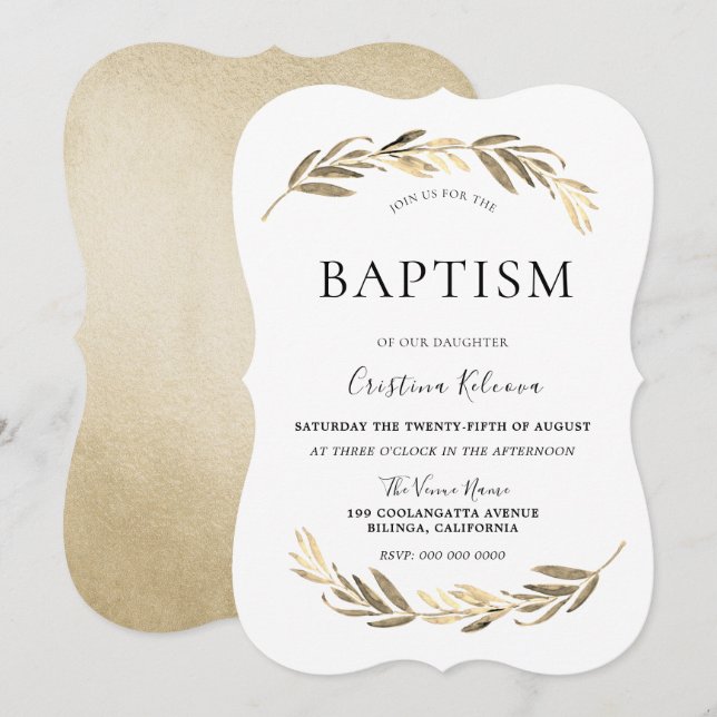 Elegante Gold Leaf Boy oder Girl Baptisse Christen Einladung (Vorne/Hinten)