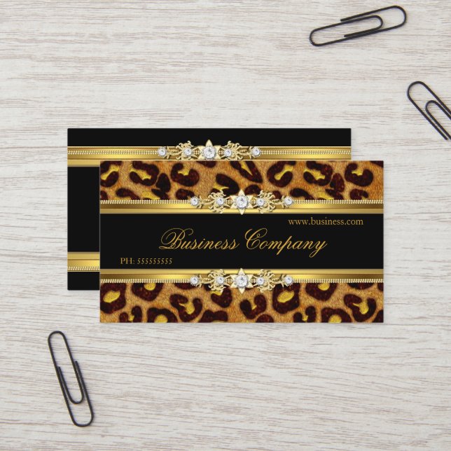 Elegante Gold Leopard Black Animal Print Visitenkarte (Vorderseite/Rückseite Beispiel)