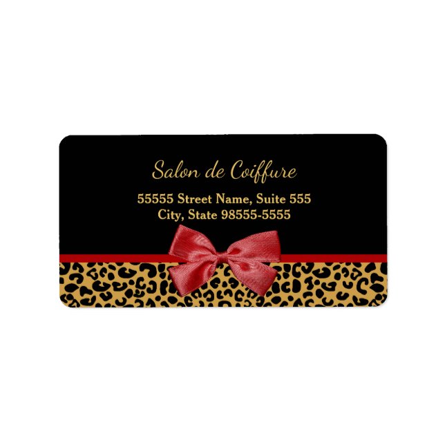 Elegante Gold Leopard Print mit Red Bow Hair Salon Adressaufkleber (Vorne)