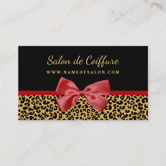 Elegante Gold Leopard Print mit Red Bow Hair Salon Visitenkarte (Vorderseite)
