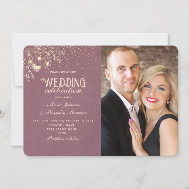 Elegante Gold Lila Foto Hochzeit Einladung (Vorderseite)