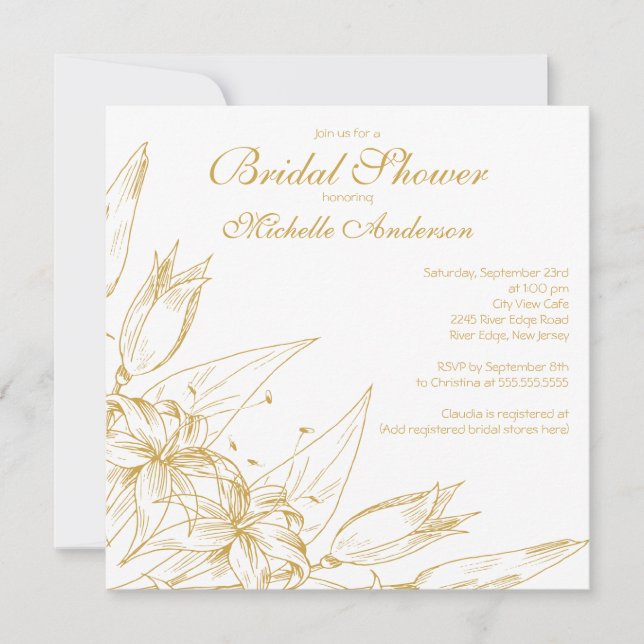 Elegante gold Lily Blume Bridal Dusche Einladung (Vorderseite)