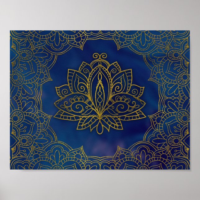 Elegante Gold Lotus Blume auf blau Poster (Vorne)