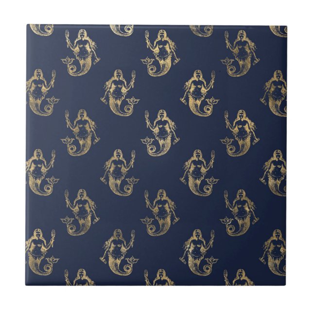 Elegante Gold Meerjungfrau Seamless Muster Navy Bl Fliese (Vorderseite)