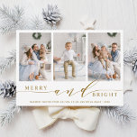 Elegante Gold Merry and Bright 3 Foto Urlaubskarte Feiertagskarte<br><div class="desc">Einfache und elegante Urlaubsfotokarte mit weißem Schneemuster auf der Rückseite. Für eine erweiterte Anpassung dieses Designs klicken Sie bitte auf den Link Weitere anpassen,  um den Schriftart,  die Größe,  die Farbe usw. zu ändern.</div>
