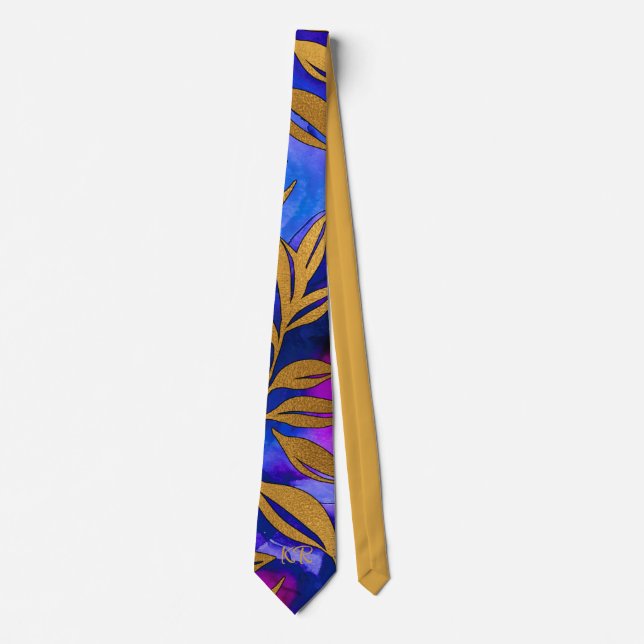 Elegante Gold Metallic Blätter Lila Blue Initials Krawatte (Vorderseite)