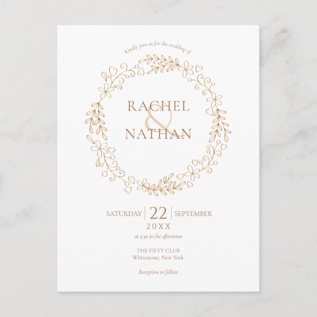 Elegante Gold Moderne Laurel Garland Hochzeit Einladungspostkarte (Vorderseite)