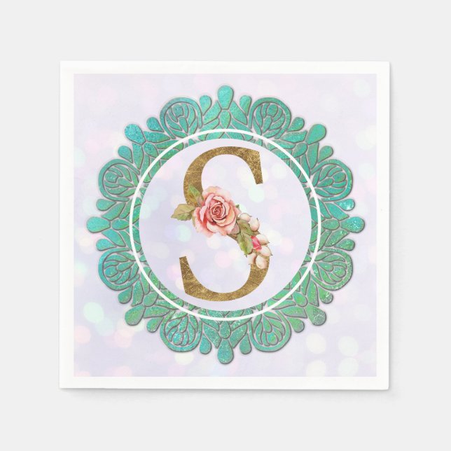 Elegante Gold Monogram Anfangsbuchstaben mit Manda Serviette (Vorderseite)