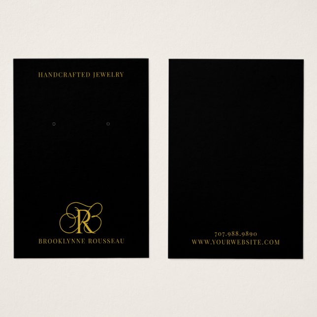 Elegante Gold Monogram Black Earring Display Card (Vorne & Hinten)