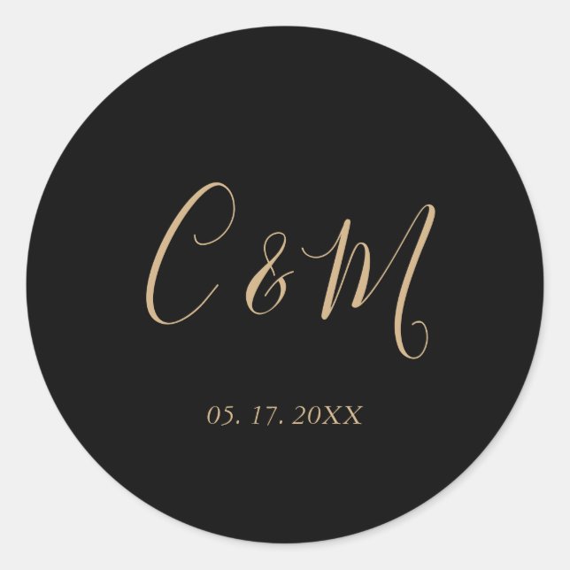 Elegante Gold Monogram Black Wedding Runder Aufkleber (Vorderseite)