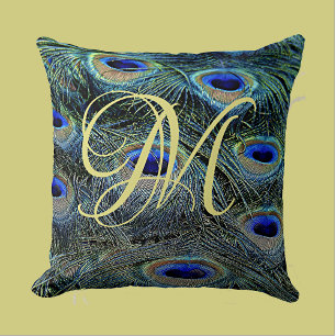 Elegante Gold Monogram farbenfrohe Pfauenfedern Kissen
