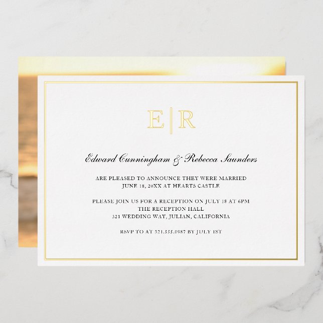 Elegante Gold Monogram formale Hochzeitsempfehlung Folieneinladung (Vorderseite/Rückseite)