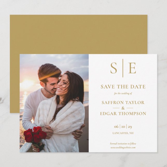 Elegante Gold Monogram Foto Wedding Save The Date (Vorne/Hinten)
